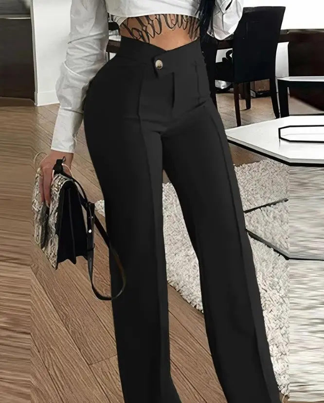 

Women's Pants 2023 Autumn New Fashion Casual Daily High Waist Solid Button Straight Leg Work Pants Elegant Commuter Versatile