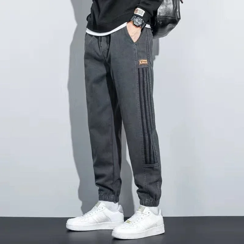 Pantaloni Stretch Pantaloni Da Cowboy Maschili Jeans A Righe Nere Per Uomo Cotone Elastico Oversize Sciolto Impilato Estate Baggy Y2K Vintage Xs