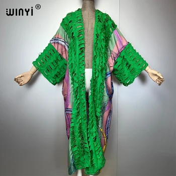 WINYI kimono bohemian maxi dress beach wear cover-up abaya dubai luxury Cardigan beach outfits for women Broke jeans coat 1