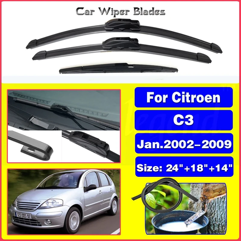 

Wiper Front & Rear Wiper Blades Set For Citroen C3 -01.2002-2009 2003 2004 2005 2006 2007 Windshield Windscreen Window 24"18"14"