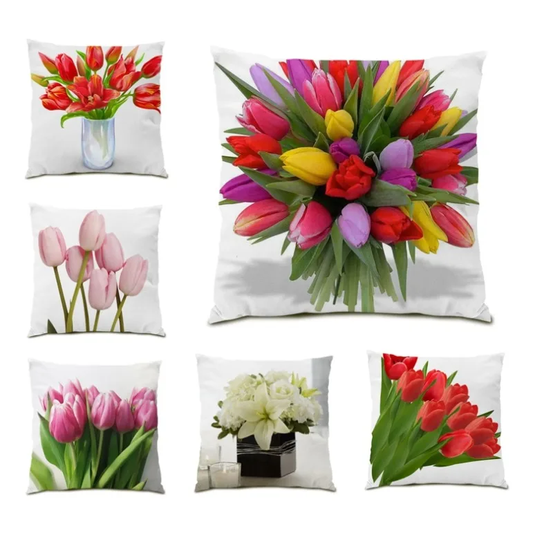 

Tulip Lily Cushion Cover Double Side Pillow Cover Luxury Nordic Floral Pillowcase Modern Fashion 45x45cm Sofa Chair Decor F1238