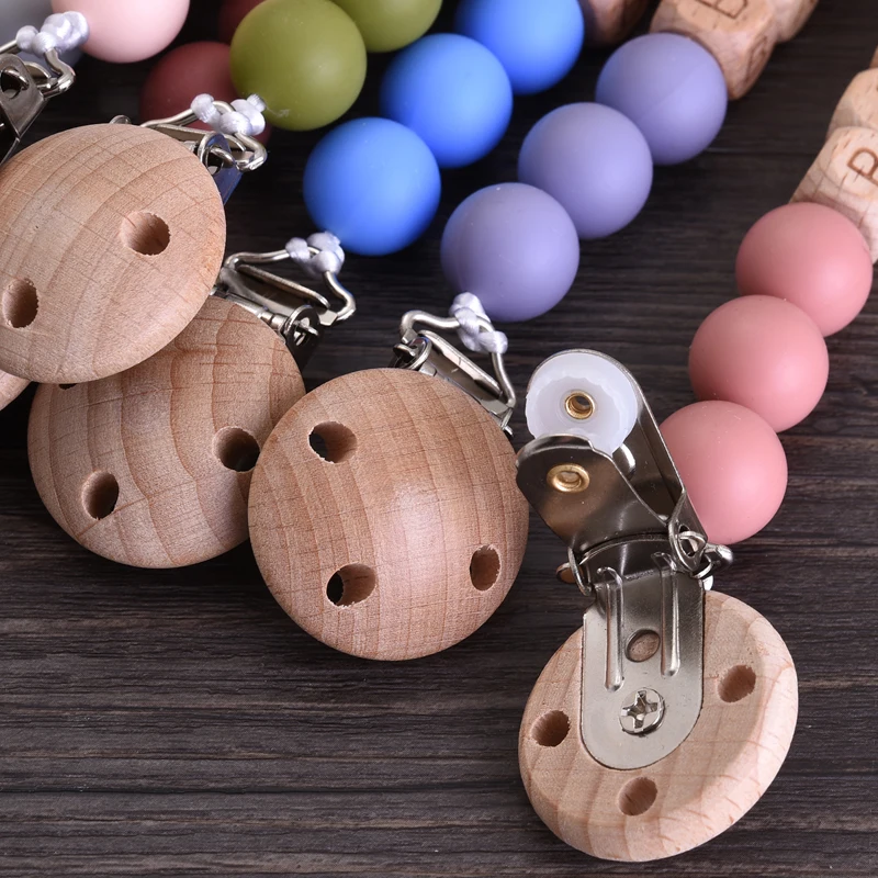 Personalized Name Wood Baby Pacifier Clip Silicone Round Beads Nipple Chain Teether Infant Dummy Holder Chain Baby Nursing Toy 5