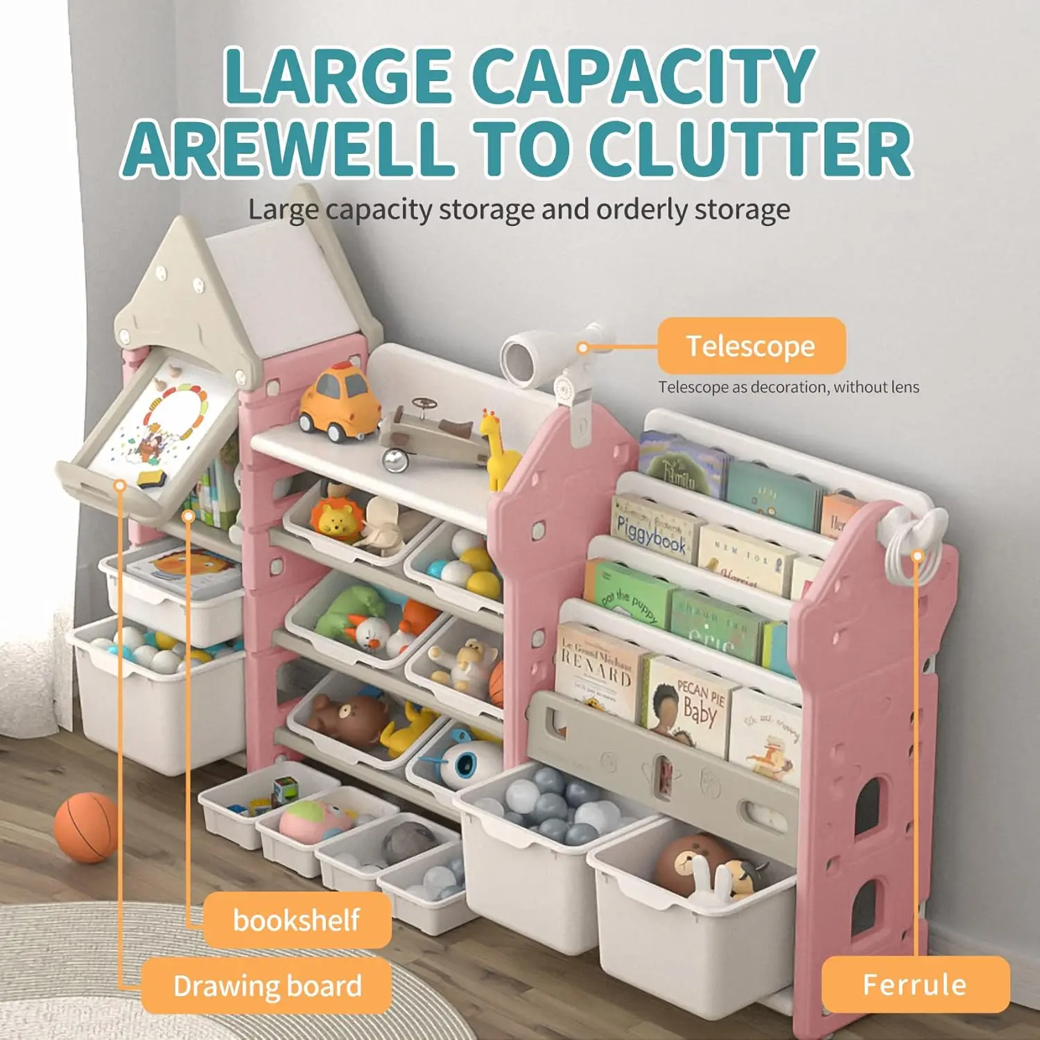 Kids Toy Organizer with 14 Bins & Bookshelf – Magic Castle Pink 5