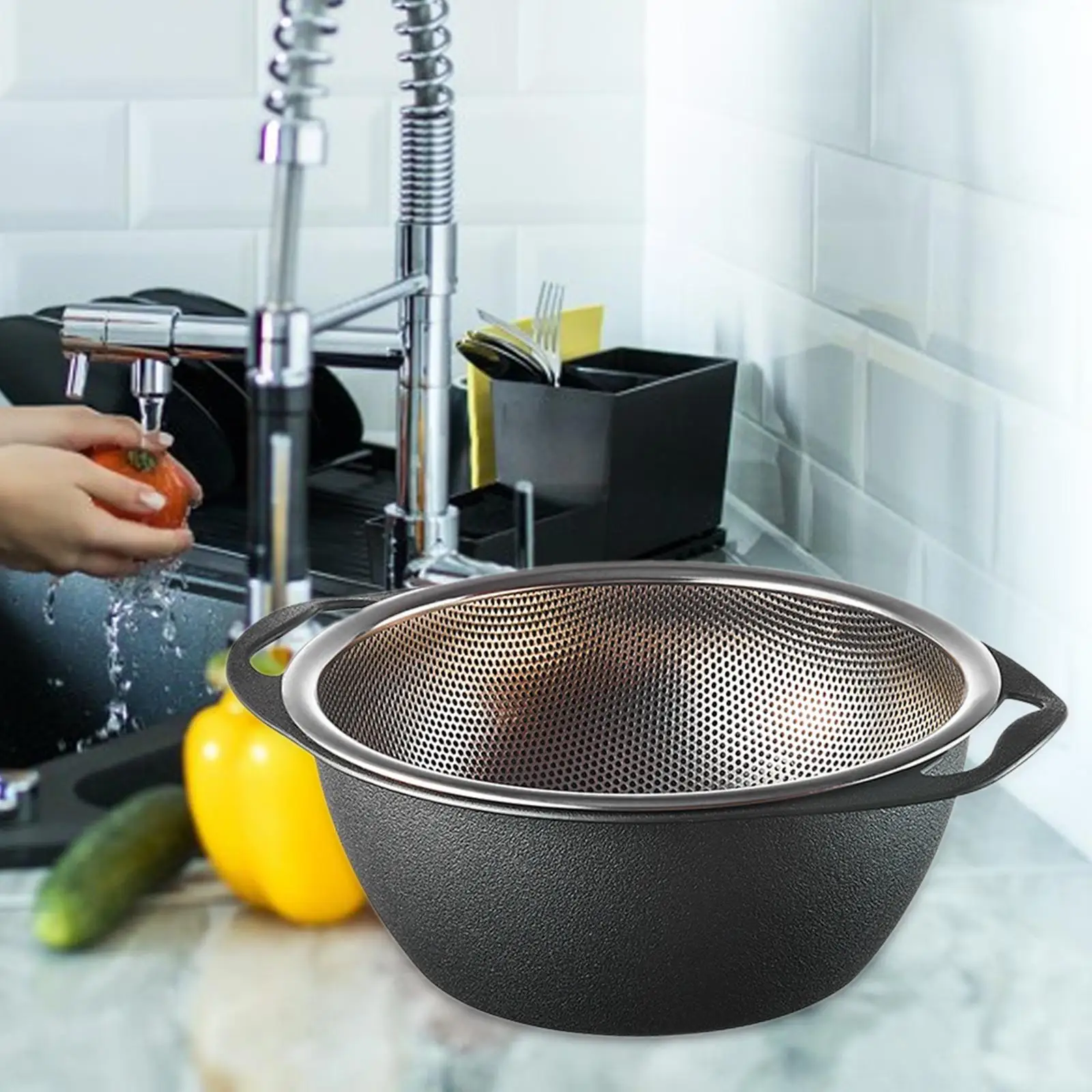 Stainless Steel Strainer Basket Portable Double Layer Rice Washing Sieve Container Washing Bowl Fine Mesh Basket for Wash Rice