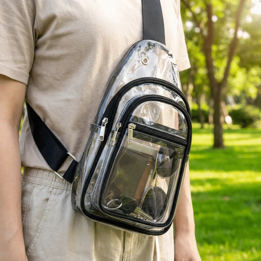 Wasserdichte Sport-Brusttasche aus PVC, großes Fassungsvermögen, verstellbare transparente Umhängetasche, leichtes Design, transparentes Material – Detail 11