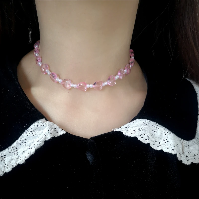 ☆韓国の人気☆【FLOWOOM】☆Alice Heart Pearl Necklac.e☆ Harajuku Cute Goth Pink Heart Pearl Beaded Collares