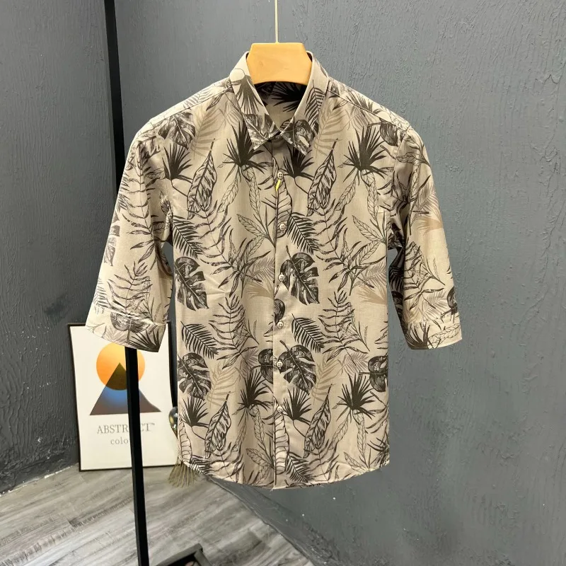 Minimalist Comfortable Summer Men's 2024 New Patchwork Square Collar Button Print Slim Fit Fashion Casual Short Sleeved Shirts