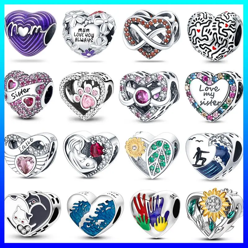 

Color zircon heart charm beads fits pandora 925 original bracelet for women 925 silver various heart shapes bead jewelry new in