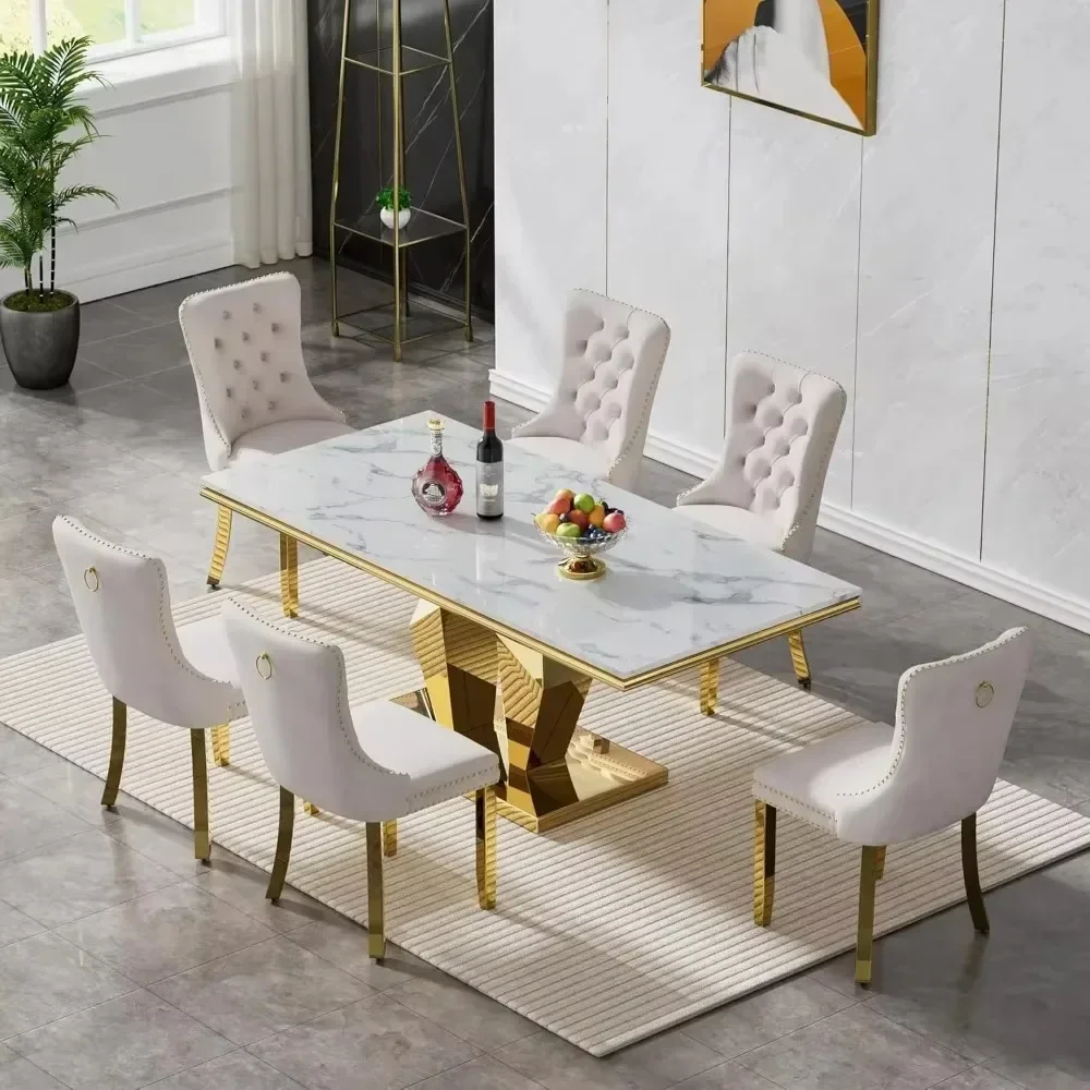 Modern Faux Marble Dining Table Set ,White Marble Kitchen Table and Upholstered Velvet Chair Set ,Dining Room Table Set