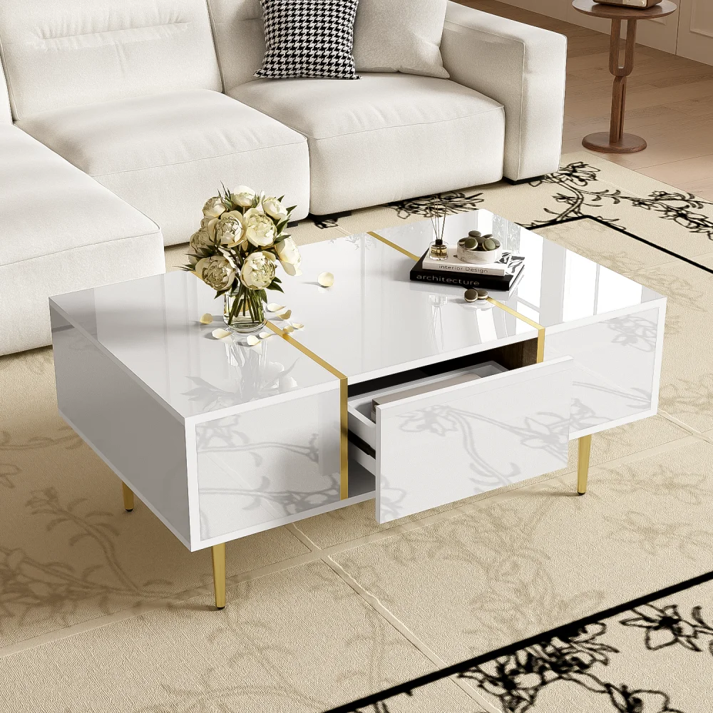 PINGGO Moderner Einfacher Weißer Couchtisch Hochglanz-Finish mit 2 Schubladen Wohnzimmer Dekorativer Beistelltisch – Detail 4