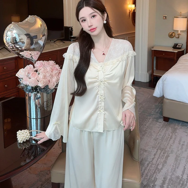 Summer Elegant French Style 2PCS Pajamas Set V-Neck Lace Ice Silk Nightwear Women Satin Pajamas Top pant  Simple Home Clothes