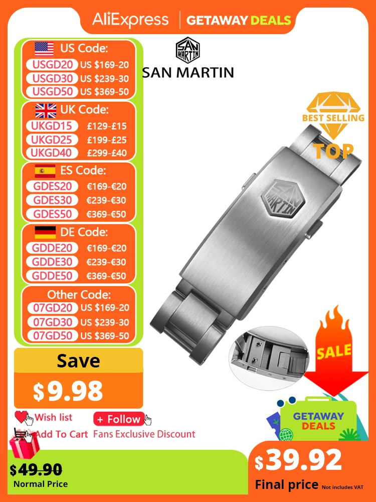 San Martin New Fly Adjustable Clasp Watch Parts Bracelet Clasp For 16mm Specified Model Buckle Folding Clasp Non-universal