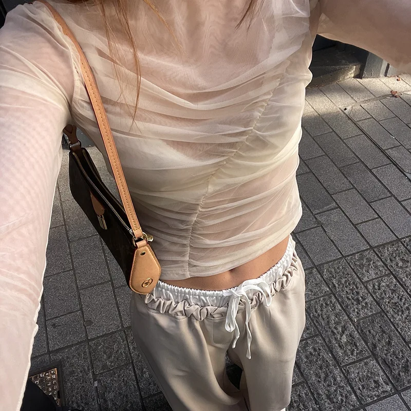 Summer See-Through Mesh T-shirt Top Women Pleated Patchwork See-Through Slim Cropped Top Tee Female Solid T-shirt Pullover