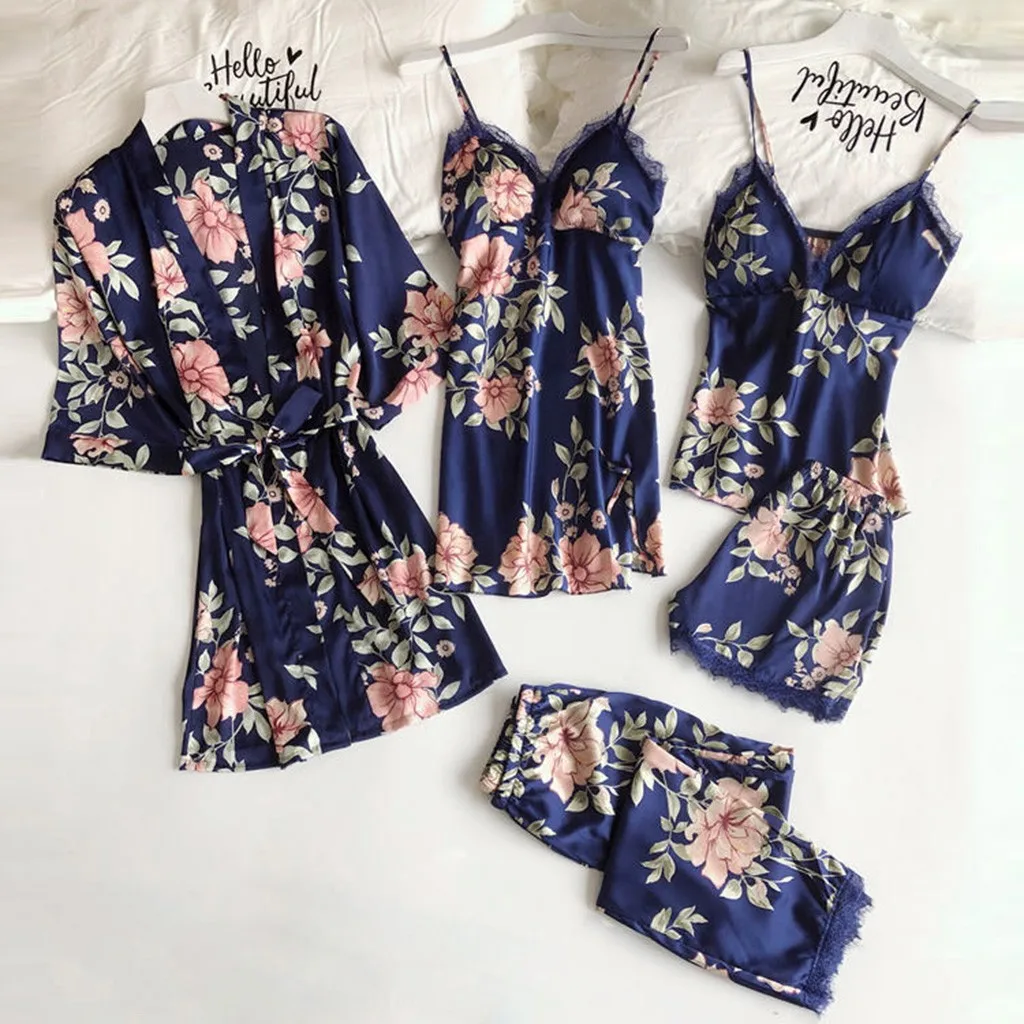 2024 Top Pajama Printed Women's Faux Camisole Sleeping Loose Comfortable Lace Five Piece Set for Home Wear Underwear and Pajamas