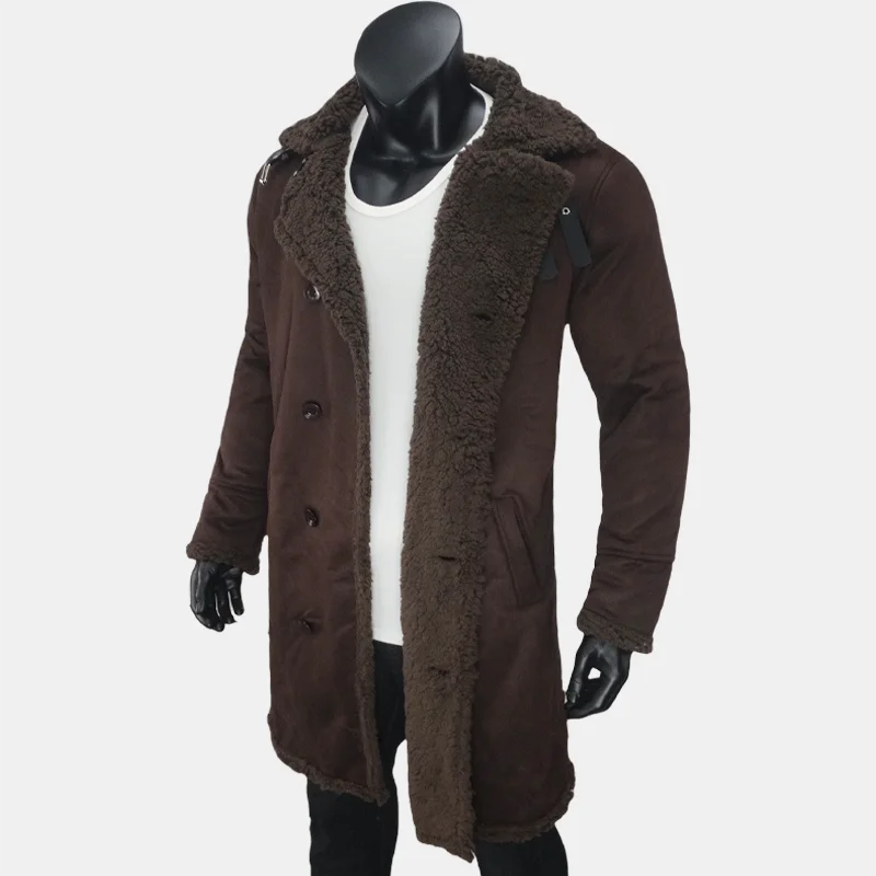 Winter Men's Long Trench Fleece Suede Faux Fur Double Breasted Coat Jacket S-5XL