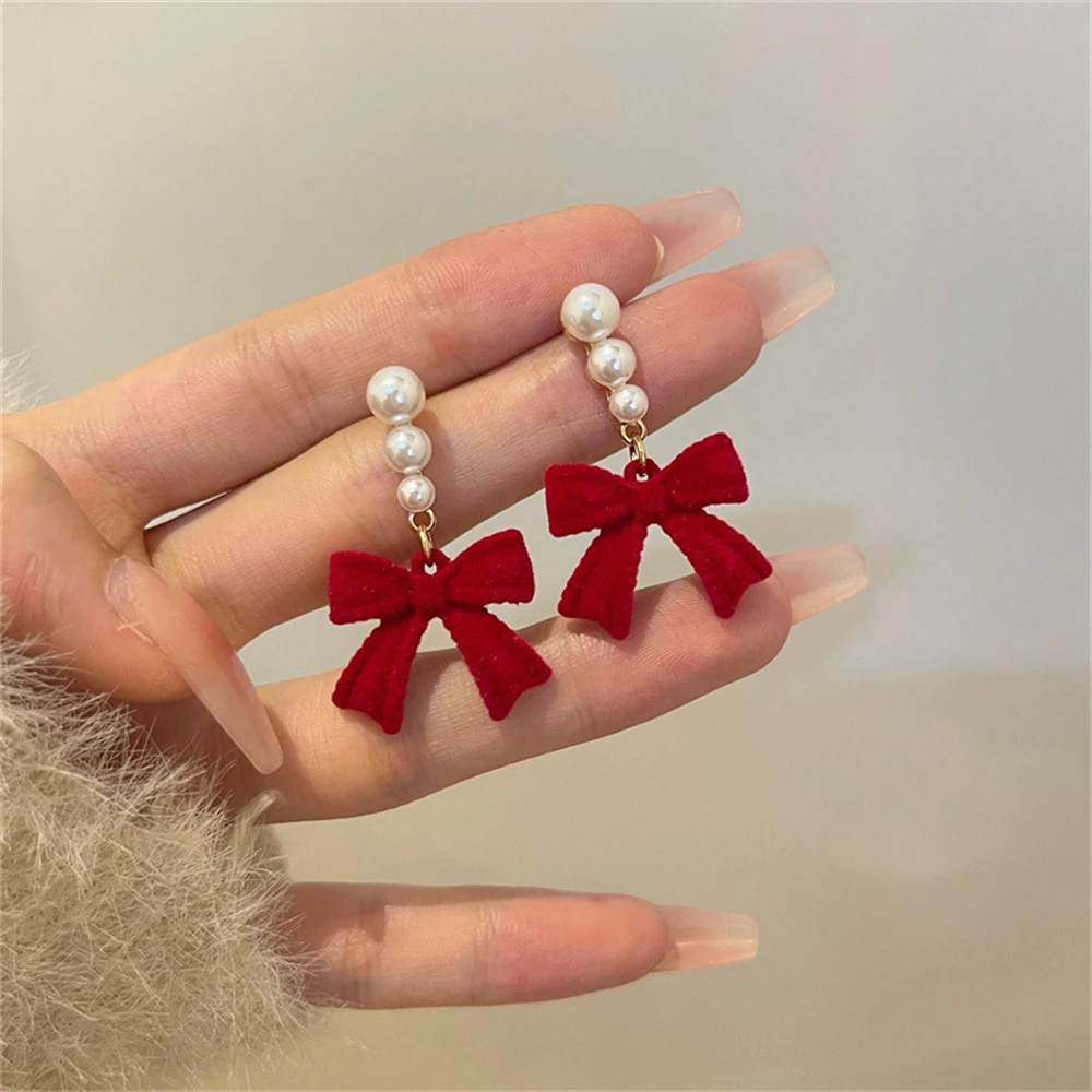 Bowtie Earrings for Women Girls Simulated Pearl Cloth