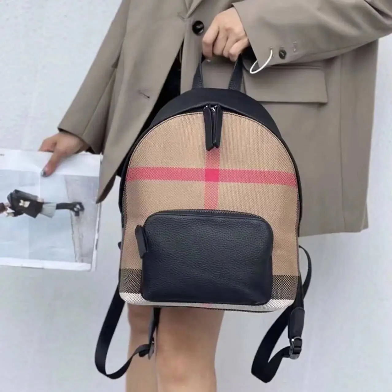 Double Zipper Design Fashionable Canvas+Cowhide Backpack Canvas Backpack For Women Trendy 2025 New Plaid Brown Women's Bag 4