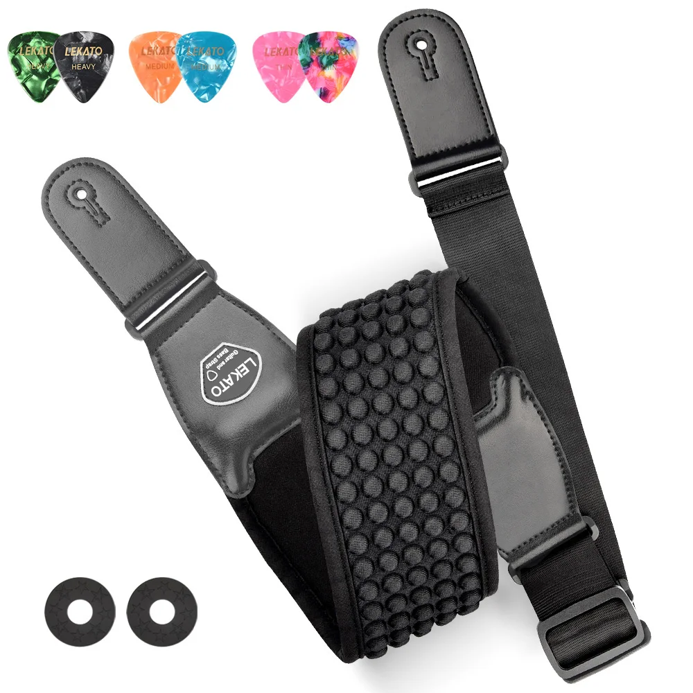 LEKATO 3D-Schwamm-Gitarrengurt, LGS-1, verstellbare Füllung, E-Gitarrengurt, Bassgürtel, 8,9 cm breit, mit 6 Plektren – Detail 5