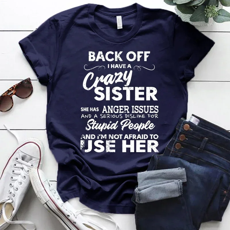 thumbnail image 1 of Camisetas con estampado "I Have A Crazy Sister" para mujer, ropa informal de manga corta, cuello redondo, Verano, 1 of 4