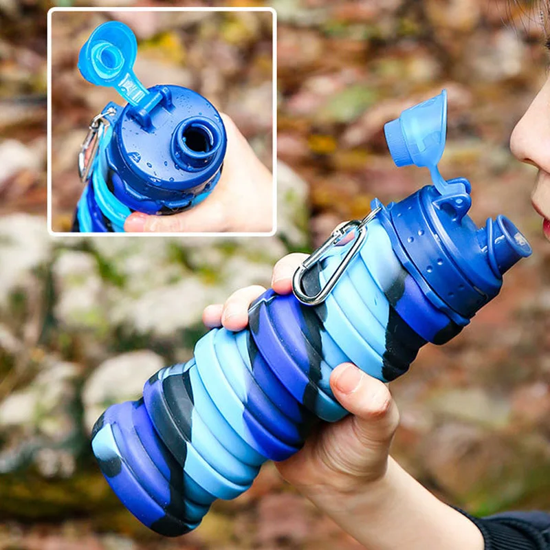 Outdoor Sports Silicone Foldable Water Bottle Camouflage Creative Travel Reusable Leakproof Water Bottle Carabiner water bottle sports water bottle sports bottle