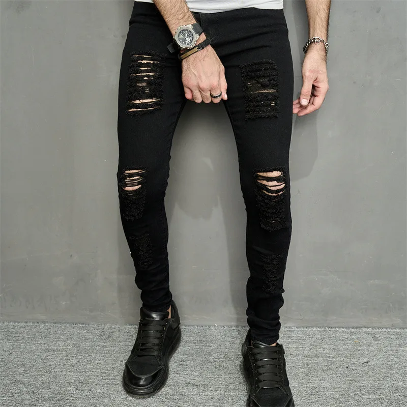 Men Jeans Ankle Length Hole Vintage Ripped Pencil Pants Denim Skinny Pockets Distressed Slim Moto Biker Solid Washed ripped jeans ripped patchwork jeans