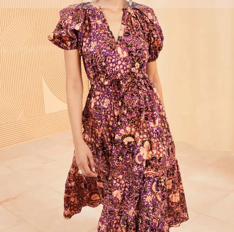 

Women Midi Robe Printed Short Sleeve Bohemian Dress