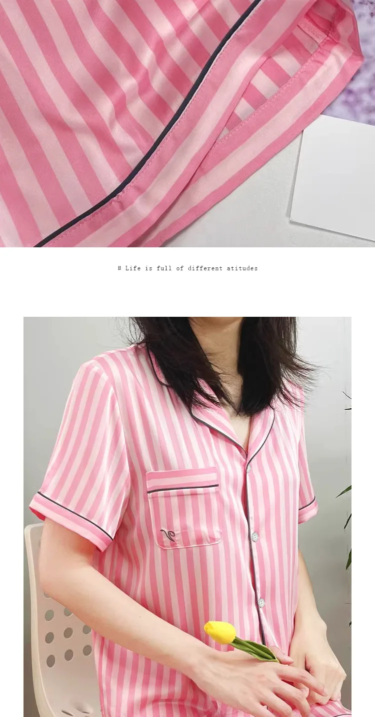 Große Größen Damen-Pyjama-Set Kurzärmeliges Kurzes Homewear-Set Studenten-Cardigan Gestreift Rosa Schlafanzug Mädchen Bequem Weich – Detail 8