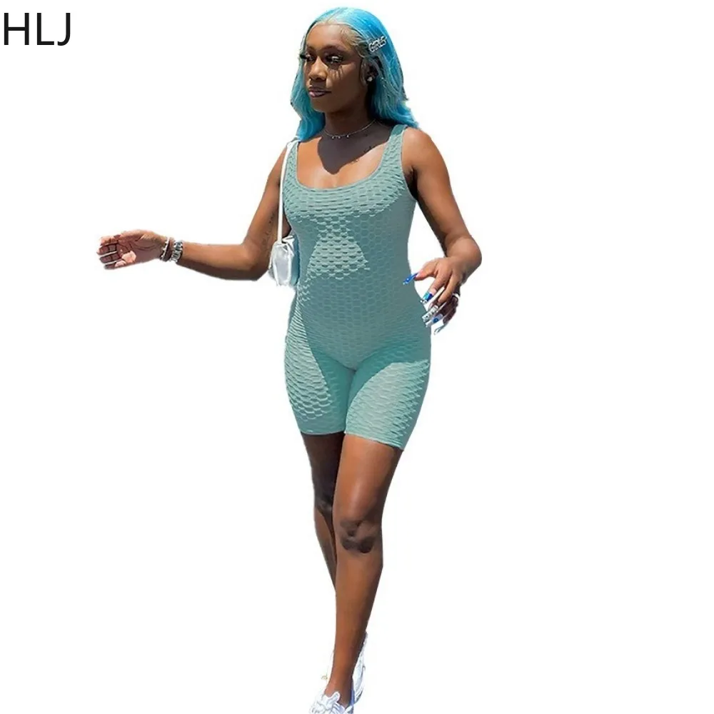 HLJ Summer New Solid Color Sporty Rompers Women Round Neck Sleeveless Fitness Yoga Jumpsuit Casual Female Bodycon Jogger Overall