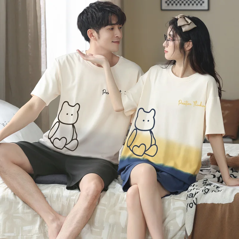 Couples Cotton Sleepwear Cartoon Cute Women's Short Pajamas Set Men's Shorts Pijamas Suit Plus Size 3XL Nightwear For Lovers women s pajamas 2021 new milk silk cute cartoon pijamas nigjtie set female thin short sleeved shorts sleepwear two piece suit