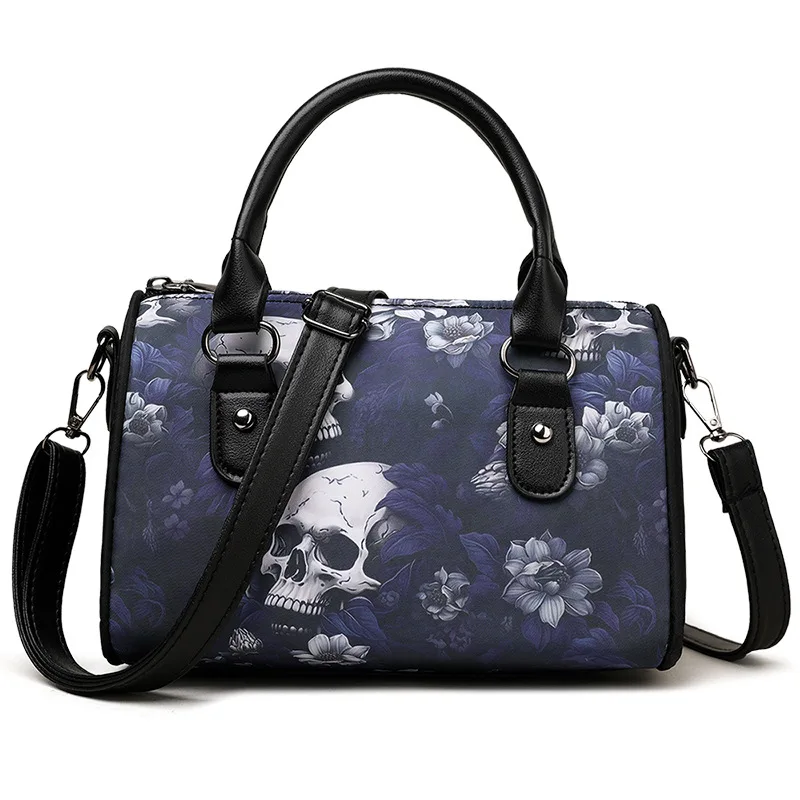 Skull Printed Boston Shoulder Bag Adjustable Strap Women Punk Crossbody Bag Oxford Hobo Bag for Party Festival Shopping