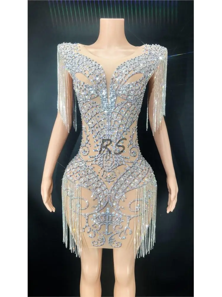 

New Sexy Mini Rhinestone Tassel Short Dress Women
