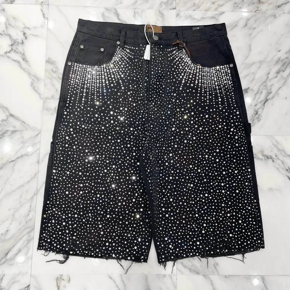 Y2K Jean Hip Hop Loose Denim Street Fashion Men Casual Basketball Shorts Retro Rhinestone Sequin Denim Short Fitness Trend Short