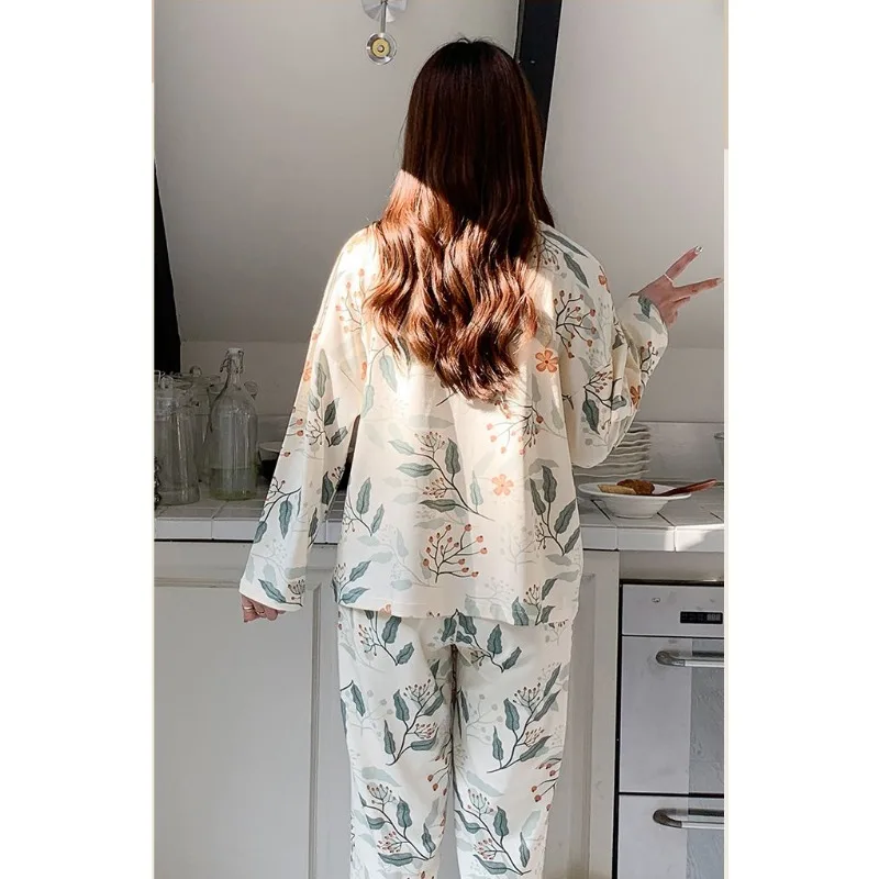 Women Nightwear Long Sleeve Long Pants Sleepwear Pajamas Sets Buttons Print Loungewear V-neck Pajamas Korean Loose Homewear