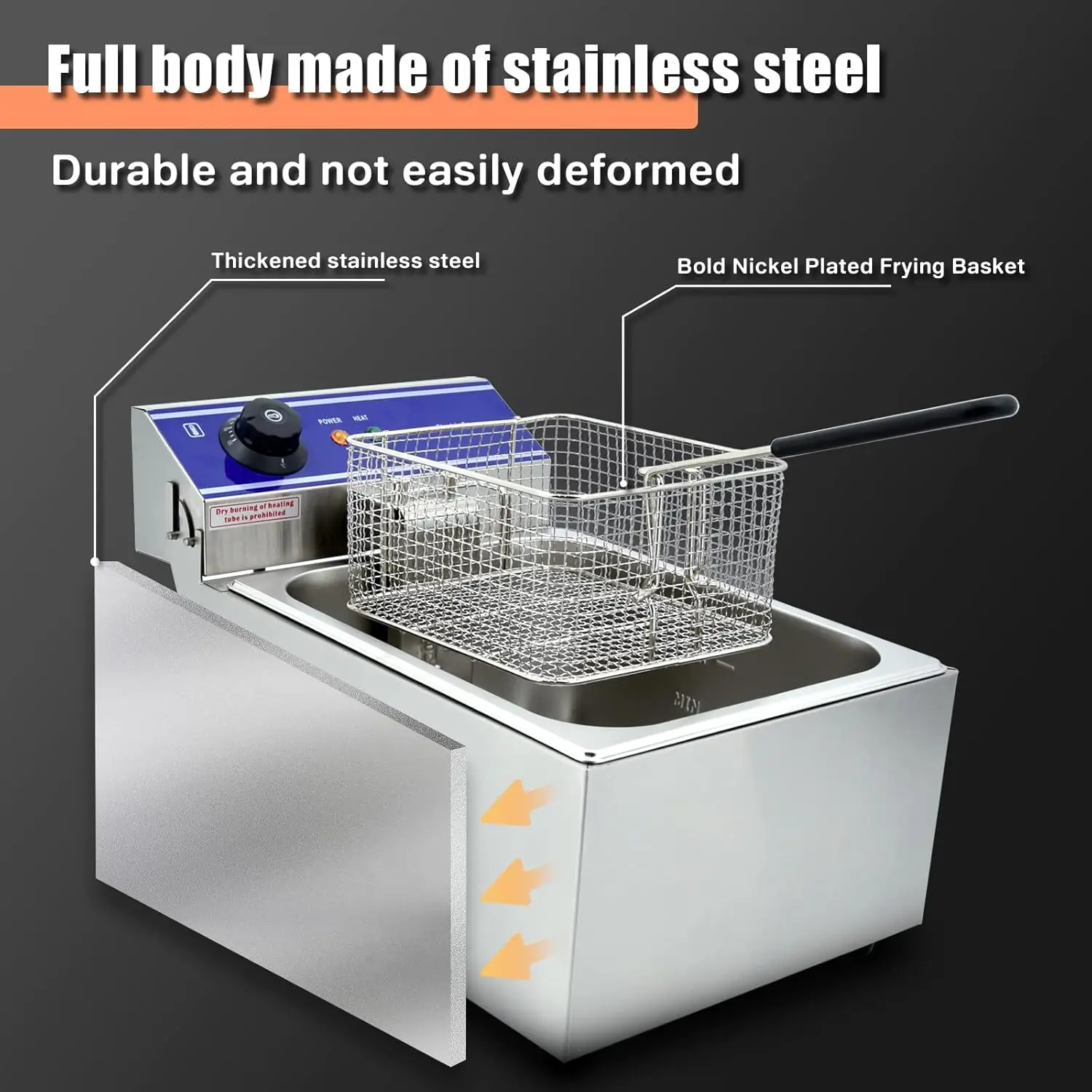 Commercial Electric Deep Fryer Countertop Stainless Steel Deep Fryer w/ Temperature Control Single Large Tank French Fries