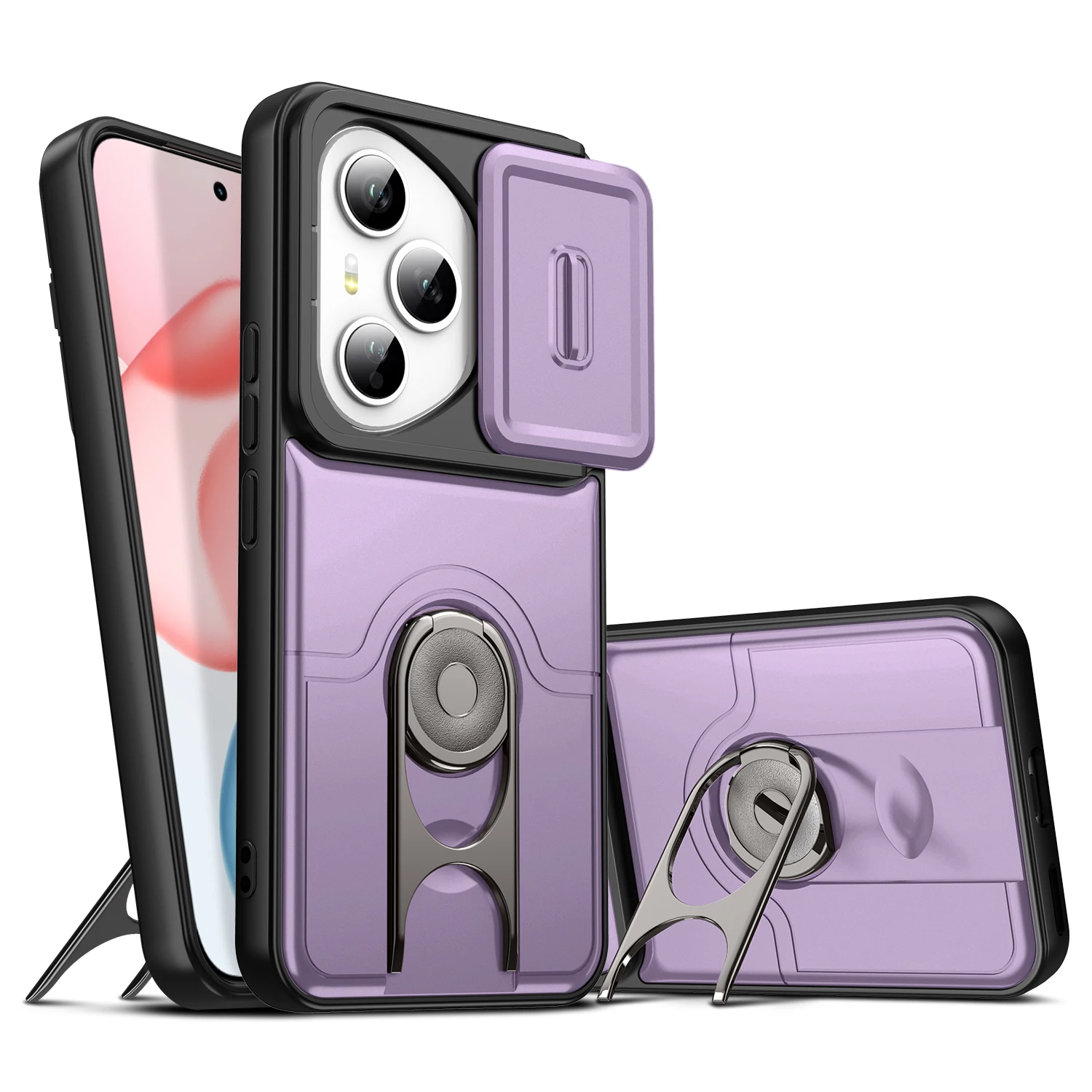 Anti-Drop Slide Lens Cover Case with 360° Rotating Ring Stand and Protective Shell