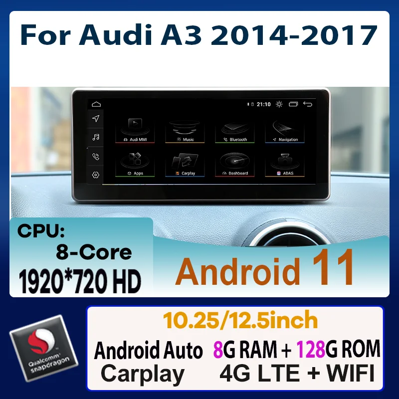 

10.25" / 12.5" Android 11 Qualcomm 8+128G Car Multimedia Player GPS Navigation CarPlay for Audi A3 2014-2017 Video Stereo Screen