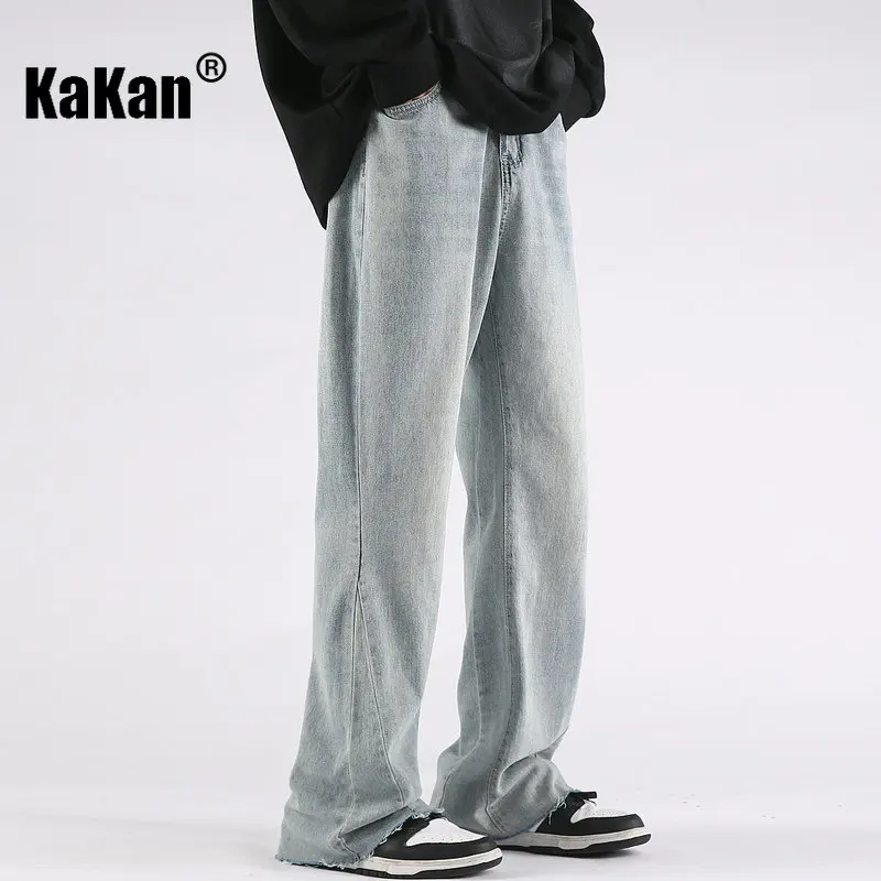 Kakan - Spring/Summer New Vintage Washed Micro Rugged Jeans Men's Wear, Straight Loose High Street Long Jeans K024-LQS916 jeans women s spring and summer grey casual high street perforated micro horn korean waist slim fit straigh