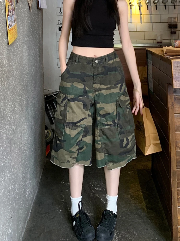 

Камуфляжные свободные капри для женщин, летние брюки-карго унисекс в уличном стиле, повседневные джинсовые штаны до щиколотки для молодых девушек