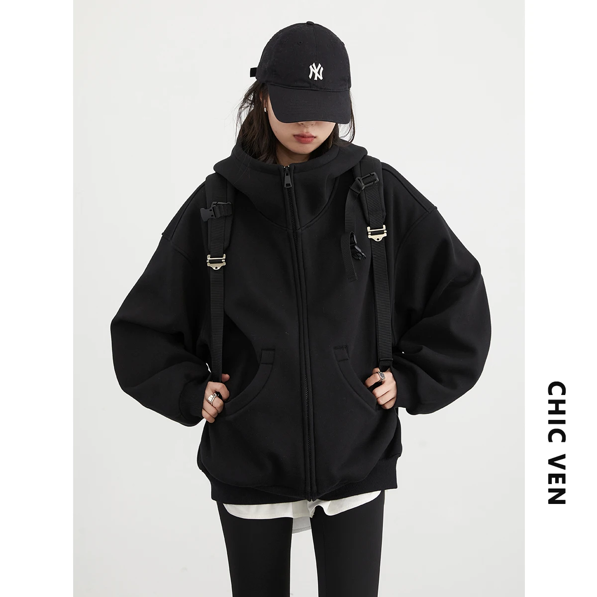 CHIC VEN 여성용 루즈 캐주얼 후드 긴팔 스웨터, 플러시 스웨터, 더블 지퍼 오버사이즈 코트, 용수철 가을, 2024