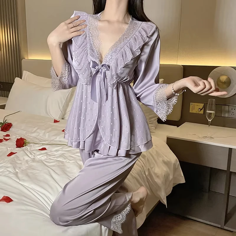 2025 Women's New Lace Lace Satin Home Pajama Set Deep V Sweet Lace Top Pants Two Piece Set Home Clothes Skin friendly Hot Sale