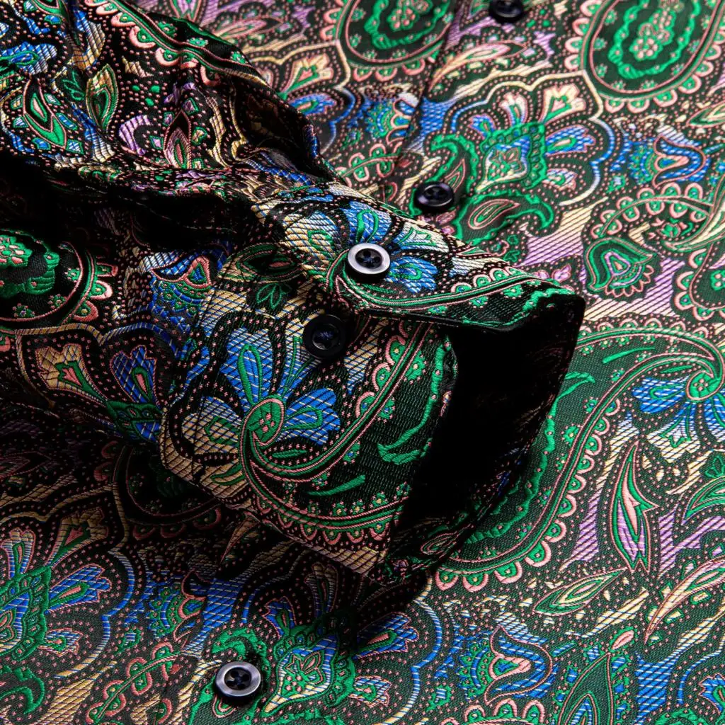 Hi-Tie Green Silk Mens Shirt Vest Tie Hanky Cufflinks Jacquard Paisley Floral Male Blouse Waistcoat Wedding Party Business Gift