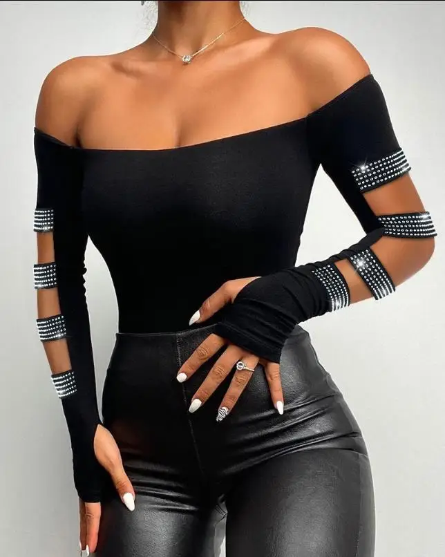 Fashion Woman Blouses 2022 Rhinestone Sexy Cold Shoulder Skinny Top Elegant Long Sleeve T-Shirt Chic All-Match Daily573_voghion.com