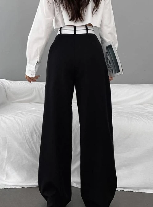 2023 New Fashion Commuting Versatility High Waist Contrast Color Suit Pants Women Casual Drape Floor Mop Pants Wide Leg Pants