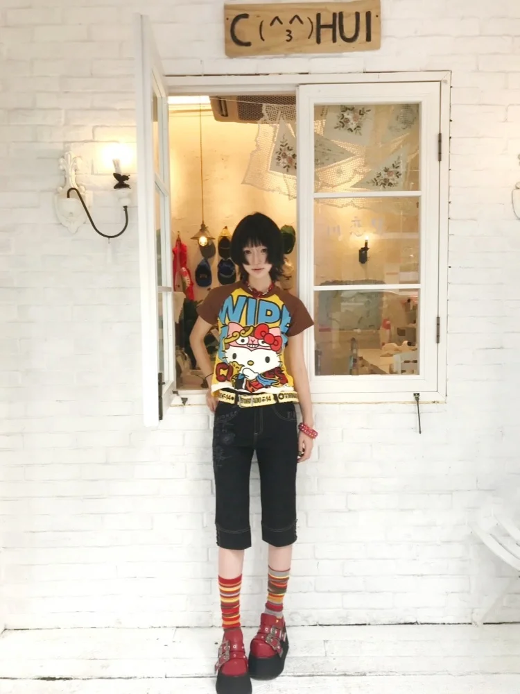 New Hello Kitty Kawaii Anime Fashion Short Tops Y2k Summer Cute Tees Cartoon Printed High Street Gothic Short Sleeve T-shirts
