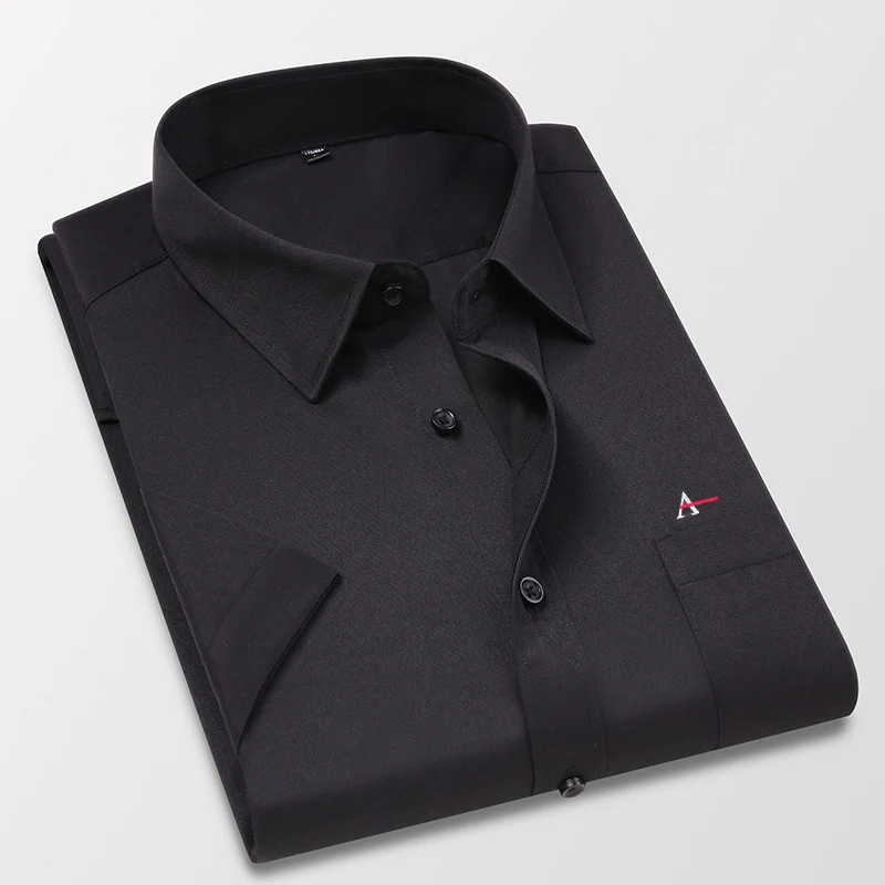 2022 Camisa social masculina listrada de manga curta, camisa de colarinho quadrado sem ferro com bolso antirrugas para homens