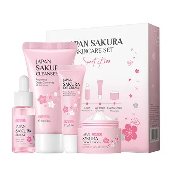 Face Skin Care 4pc Set Sakura Moisturizing Nourishing Serum Oil-Control Cleanser Smooth Face Cream Eye Cream Whitening Face Care 1