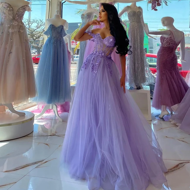 Purple Tulle A Line Purple Prom Dresses 2022 With 3D Flower Print