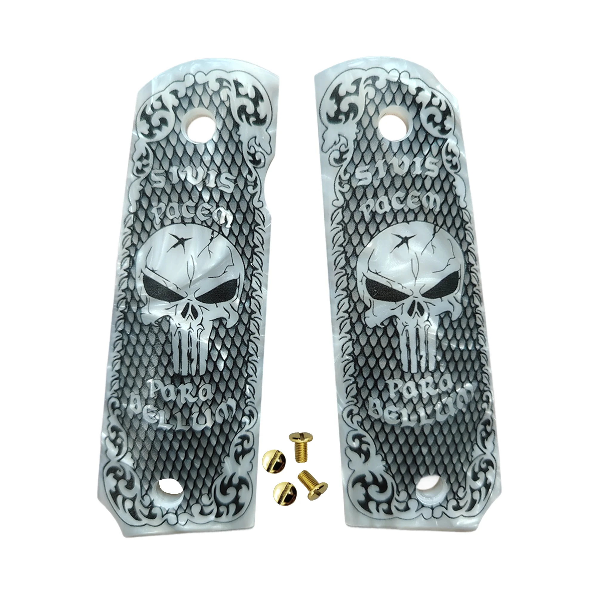 1911 Grips Full Size,White Pearl With Punisher Skull,Fits Colt,Kimber,Springfield,Remington,Rock Island,Government_voghion.com