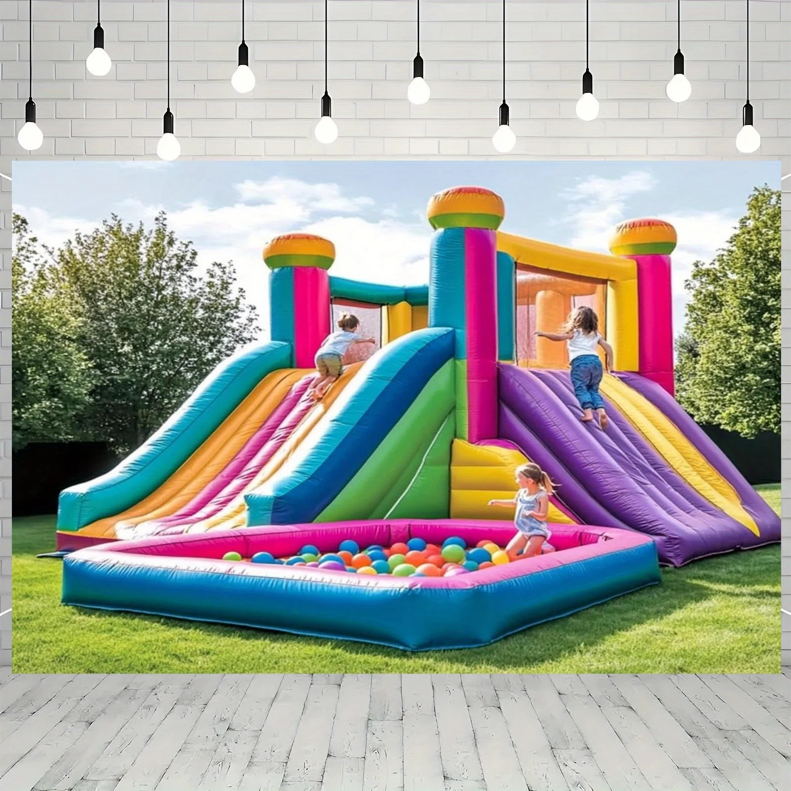 قطعة واحدة من لافتة قماشية لخلفية ترامبولين قابلة للنفخ على شكل حيوية - منزلق ملون ومشهد لحمام السباحة، وحفلات أعياد الميلاد