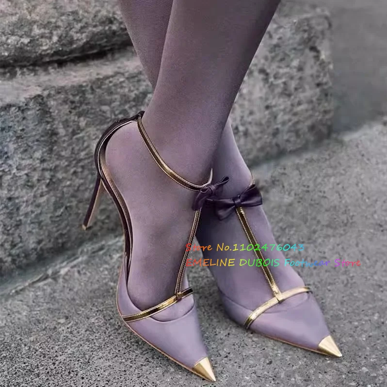 

Purple Metal Pointy High Heels Sandals Women Fashion Bowknot T-strap Stiletto Heels Lady Elegant Summer Sexy Single Shoes